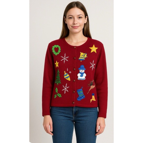 Vintage Milano Christmas Sweater Women L Red Holiday Cardigan Snowman Reindeer - Picture 1 of 14